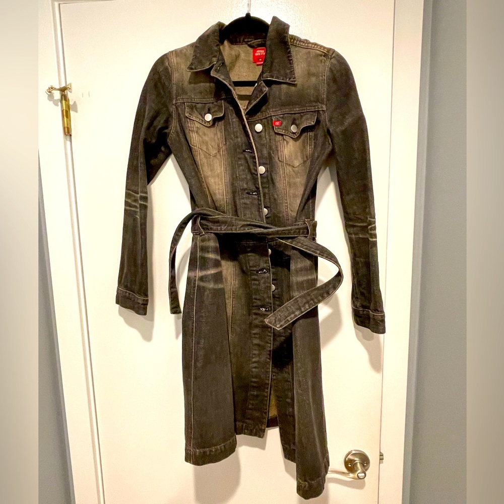 Black Miss Sixty long distressed denim belted coat